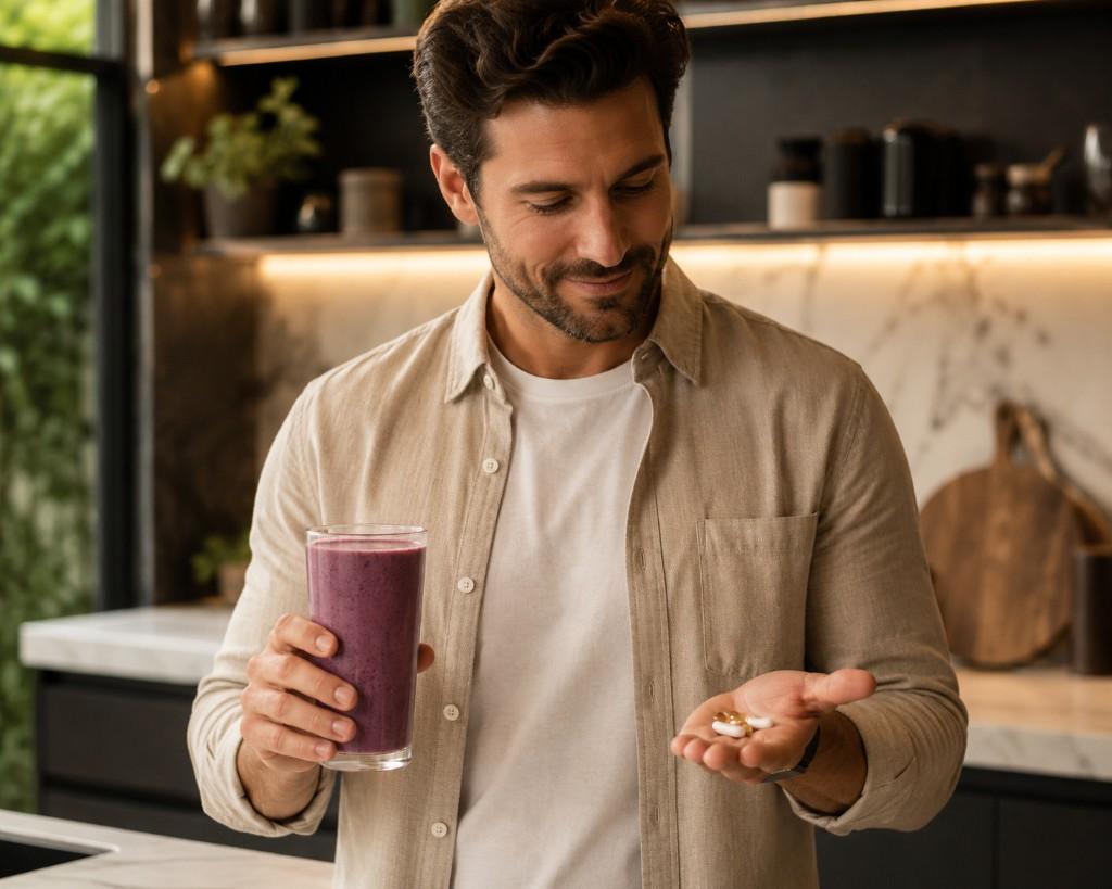 Person reviewing supplements and a smoothie in a kitchen