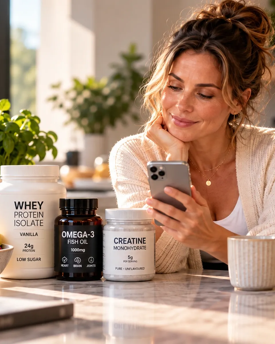 Woman checking her supplement stack on her phone at the kitchen counter