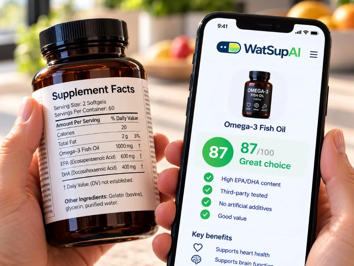 Supplement label held next to a phone showing a WatSupAI stack score
